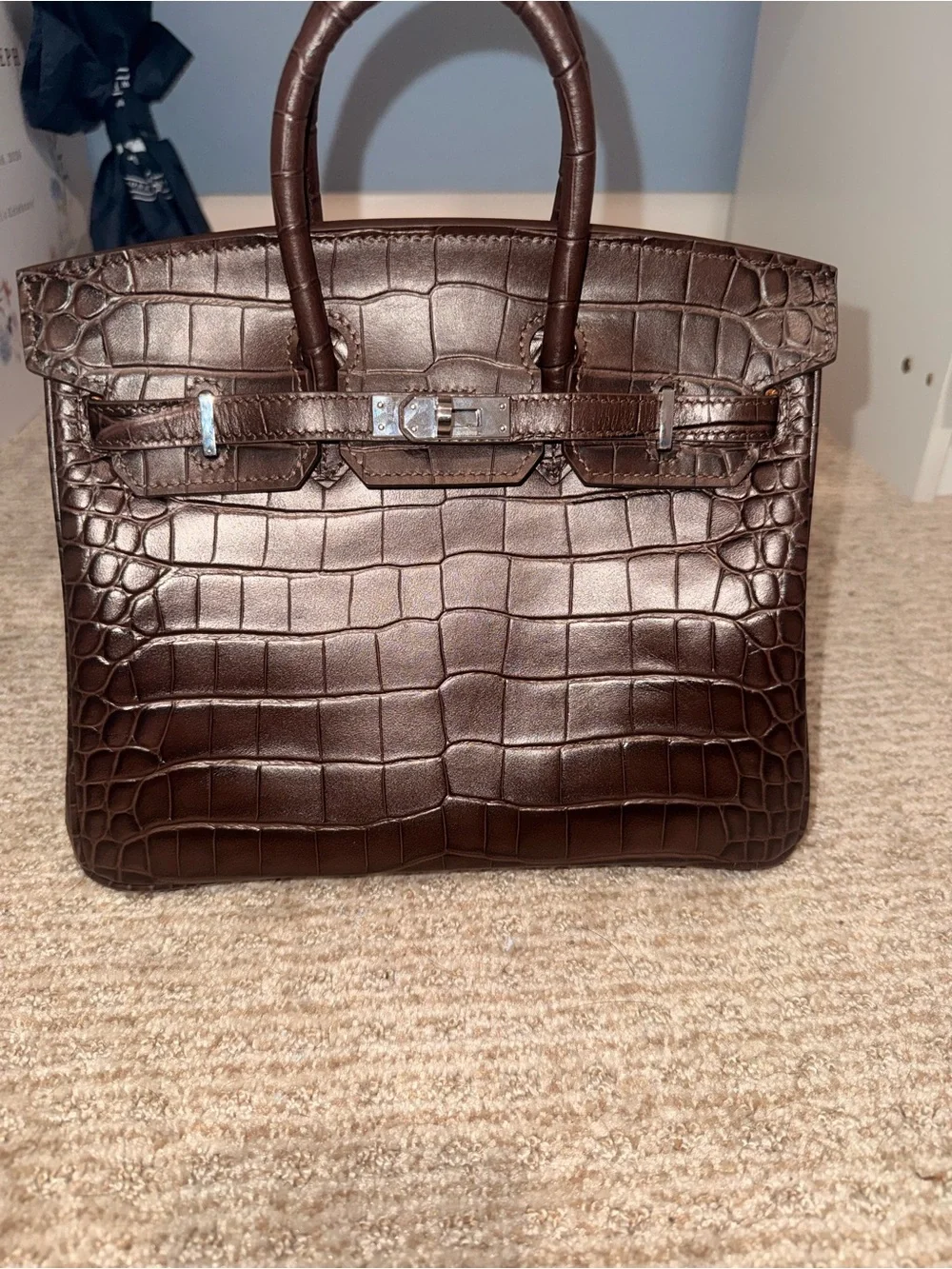 Brown Croc-Embossed Satchel-  25cm